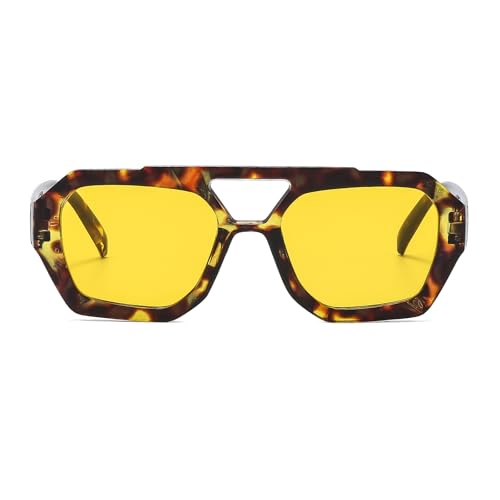 LJCZKA Retro Square Sunglasses for Women Men Trendy Hexagonal Thick Frame Double Bridge Sun Glasses Vintage Shades2