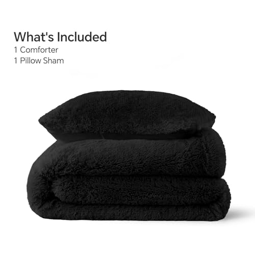Image of BEDELITE Black Fluffy Comforter Set Twin, Fuzzy Faux Fur Comforter | Warm Fleece Shaggy Bedding for Winter, Soft & Cozy Plush Bed Set with 1 Pillowcase