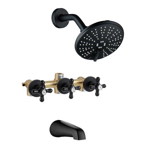BEIYI 3 Handle Tub Shower Faucet Three Handle Tub and Shower Faucet Set Bathtub Faucets Sets Complete with 6 Shower Head and Tub Spout 3 Knods Shower Trim Kit Matte Black