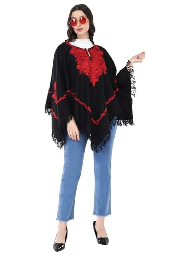 Image of Premium Women's Kashmiri hand embroidery floral woollen poncho Indian cape wrap shrug Free size
