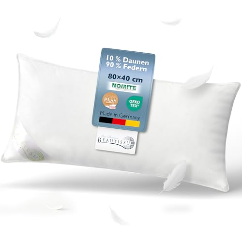 Beautissu Daunenkissen 40x80 – Kopfkissen 80x80 Daunen & Federn 100% Made in Germany – Federkissen 40 x 80 cm – Oeko-Tex, Downpass & Nomite...