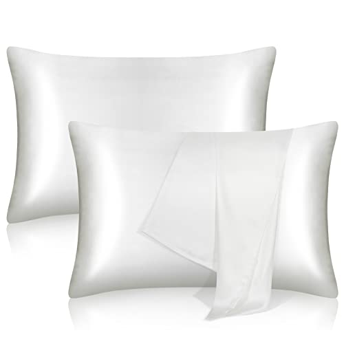tenn well 2 Pack Mulberry Silk Pillowcases for Hair and Skin, Both Sides 100% Pure Silk Pillowcase 19 Momme Soft Smooth Pillow Case with Hidden Zipper (Standard 51 x 76cm, White)