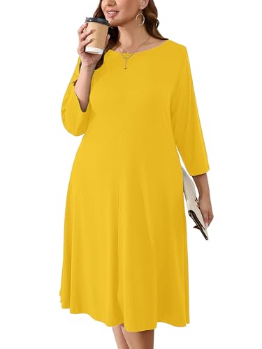 Image of AusLook Women's Plus Midi Dresses Crew Neck A Line 3 /4 Sleeves Casual Elegant Loose Wedding Vacation Dress with Pockets