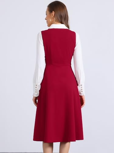 Image of Allegra K Cute Overall Dress for Women's Preppy Pinafore Midi Dresses | Gothic Style, Vintage Outfits, Lace Trim, U Neck, A-Line, Fit and Flare, Long Dresses, with Pockets