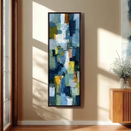 Tableau encadré contemporain bleu et jaune toile verticale 20x60cm
