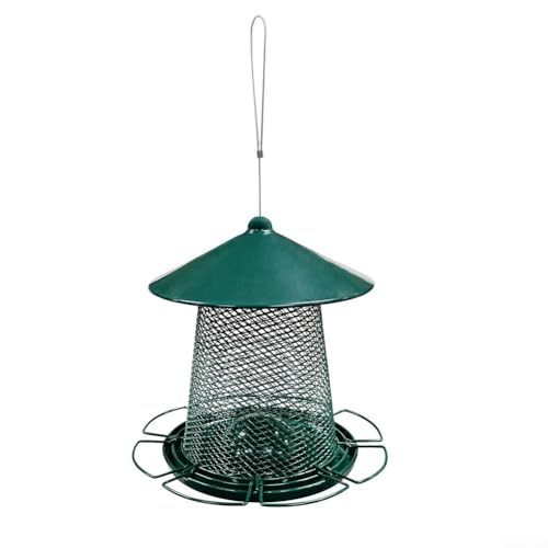 Comedero de metal para pájaros al aire libre con espacio de comedor de 360 grados, diseño a prueba de ardillas y agujeros de drenaje integrados