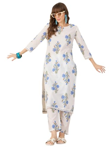 Image of INDO ERA Women's Pure Cotton Floral Printed Straight Kurta & Pant Set (IEAI12023)