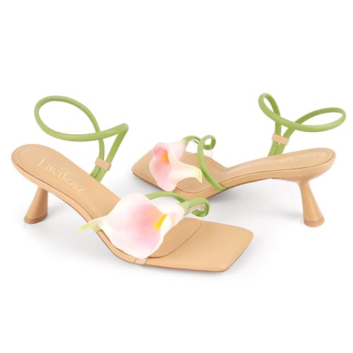 Image of LACIKOSZ Flower Kitten Heel Sandals for Women Calla Lily Green Heels Square Open Toe Floral Strappy Low Heel Sandals Summer Dressy Wedding Shoes