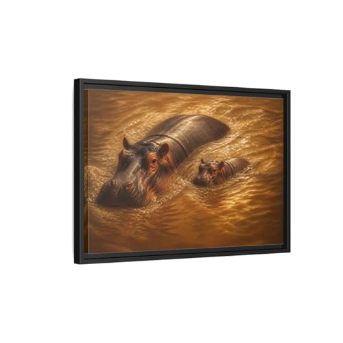 Toile hippopotame brun premium avec cadre noir en relief de 3 cm