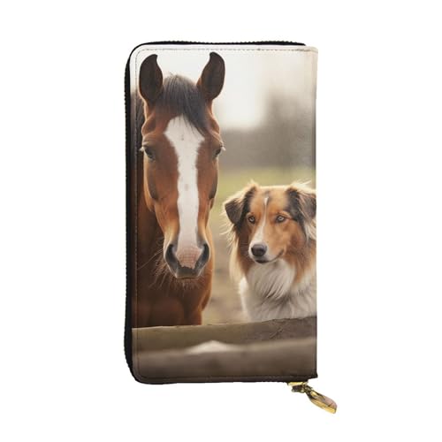 Womens Wallet Leather Slim Wallet Long Card Holder Case Zip Clutch Collie Dog and Horse Together Travel Purse