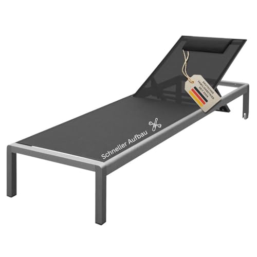 TecTake 403786 Gartenliege Sonnenliege Strandliege Freizeitliege mit Sonnendach 190cm, grau 5 RS Trade 'Monaco XXL' Outdoor Aluminium Sonnenliege (bis 160 kg belastbar) mit reißfester Textil Bespannung und 5-fach verstellbarer Lehne und Rollen, Alu Gartenliege inkl. Nackenrolle, Bezug: Schwarz
