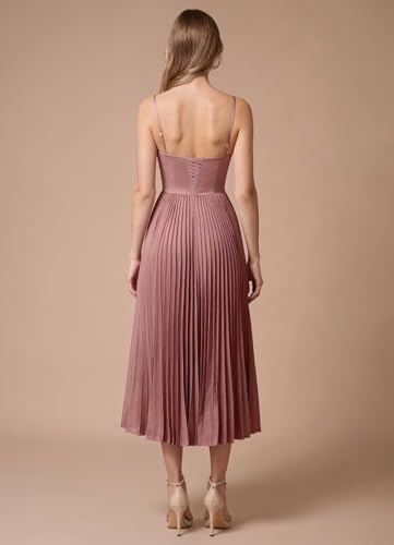 Satin Bridesmaid Dresses Spaghetti Straps Tea Length Pleated Formal Dresses for Women3