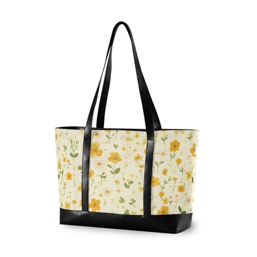 KLL Small Yellow Flowers trendy work totes for women with zipper diaper bag tote Large Handbag for gym with diaper bolso para laptop