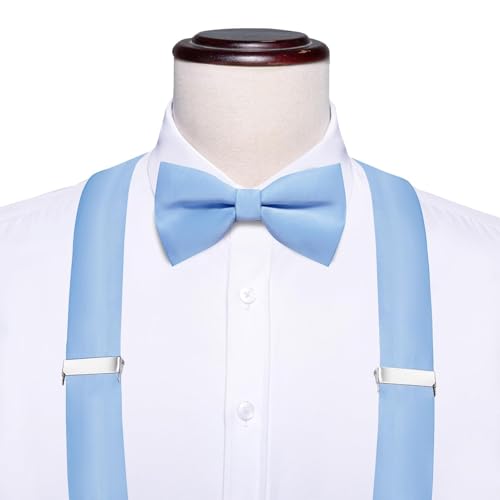 Image of Hi-Tie Men Suspender Bowtie Set Suspenders Pre-tied Bow Tie Pocket Square Cufflinks Adjustable Y Shape 6 Clips Braces Tuxedo