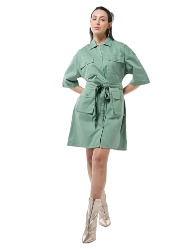 Image of Bewakoof Women's Solid Oversized Fit Half Sleeve Collar Cotton Blend Above The Knee Shirt Dress