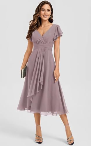 Women's Short Chiffon Bridesmaid Dress with Ruffles Flutter Sleeve V-Neck Cocktail Formal Gowns 2025 with Pockets3