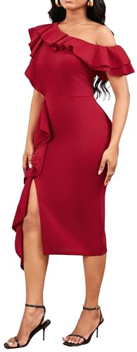 Image of Dresses for Women Elegant Long Sleeves Ruffles Pencil Knee Length Split Business Dress with Belt Zipper