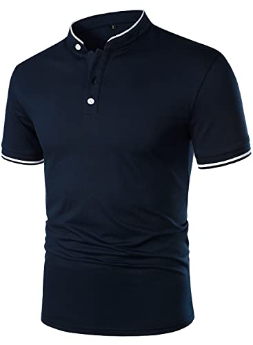 HOOD CREW Mans Fashion Short Sleeve Polo Shirts Summer Casual Band Collar Tops Shirt Navy XL