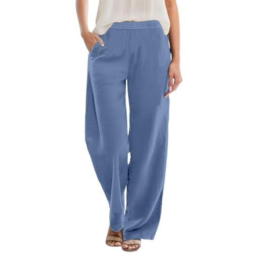 Linen Pants Women Casual Trousers with Pockets Lightweight Fabric Loose Fit Elastic Waist Summer Comfort