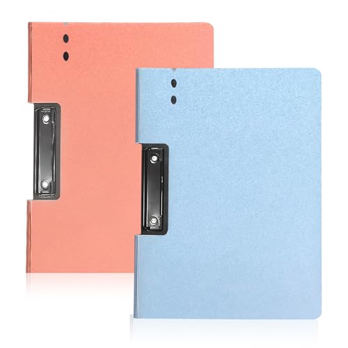 Image of GLUN Documents Paper Files Folder, Pack of 2 Hazy Pink & Blue Colour Document Organiser Folder with Holding Clamp for School, Home & Office