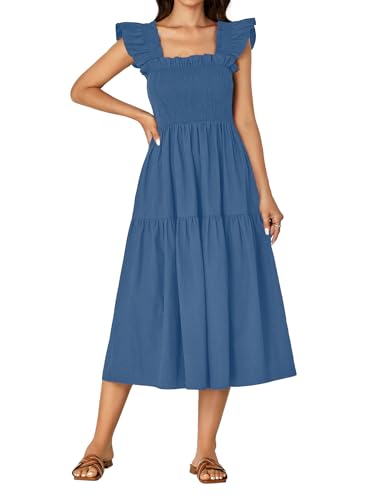 Image of Rooscier Women's A Line Smocked Midi Dress | Summer Sleeveless Square Neck Casual Sundress