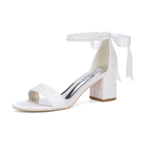 Pearl Heels Wedding Shoes for Bride Block Heel Wedding Sandals Open Toe Bridal Shoes