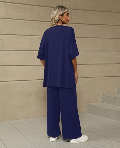 Image of KevaMolly 2 Piece Lounge Set for Women Postpartum Oversized Tops and Wide Leg Pants Soft Comfy Pajamas Set 2 Piece Outfits
