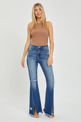 SALT TREE Risen Jeans - High Rise Front Slit with Fray Hem Flare Jeans - RDP55444