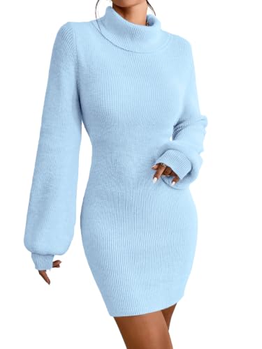Image of Turtleneck Sweater Dress for Women Lantern Sleeve Mini Bodycon Ribbed Knit Sweater Pullover Short Dresses XS-XXL