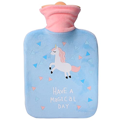 Pinkgarden Einhorn Wärmflasche mit weichem Kunstfellbezug, 1L PVC Wärmbeutel für Nacken Schulter Hand Füße Wärmer, Heißkompresse und Kältetherapie, tolles Geschenk für Mädchen, Blau Cover