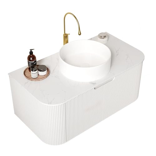 Image of KEIKI 36 inch Wall-Mounted Floating Bathroom Vanity with Sink, Modern 3D Striped Cabinet, Soft-Close Drawer, Space-Saving Minimalist Design, Pre-Assembled, White