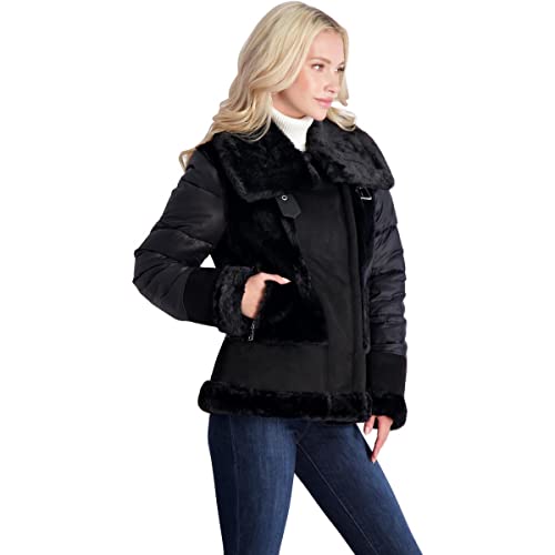 Tahari Saylor Women's Mixed Media Faux Shearling Puffer Coat Black Size L #TOP4