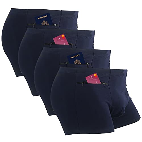 LUEXBOX Pocket Underwear for Men with Secret Hidden Pocket, Travel Boxer Briefs, 4 Packs (Dark Blue)