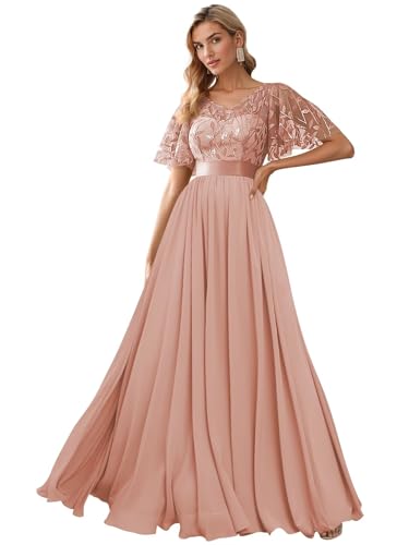 Mother of Bride Dresses for Wedding Leaf Sequin Formal Dress Tulle Short Sleeves Chiffon V Neck Evening Gowns3
