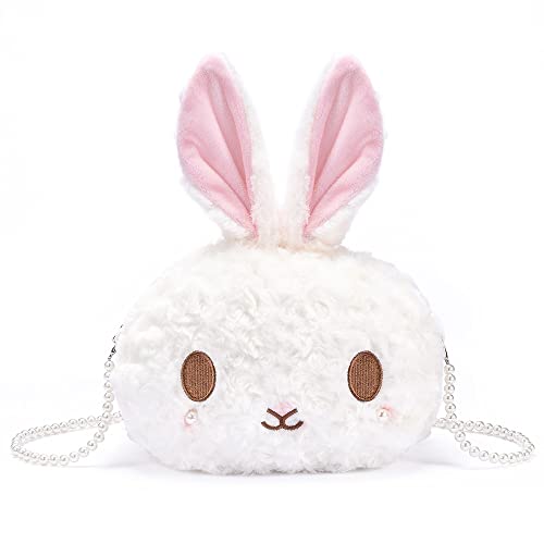 Image of kawaii bunny Crossbody bag,cartoon Plush Rabbit wallets,cute Lolita Handbag for women, Lovely Fluffy animal purse (pearl chain) white