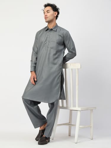 Image of Men's Traditional Pathani Kurta Salwar Set, Red, Long Sleeve, Collared Neck, Cotton Blend, Ethnic Wear