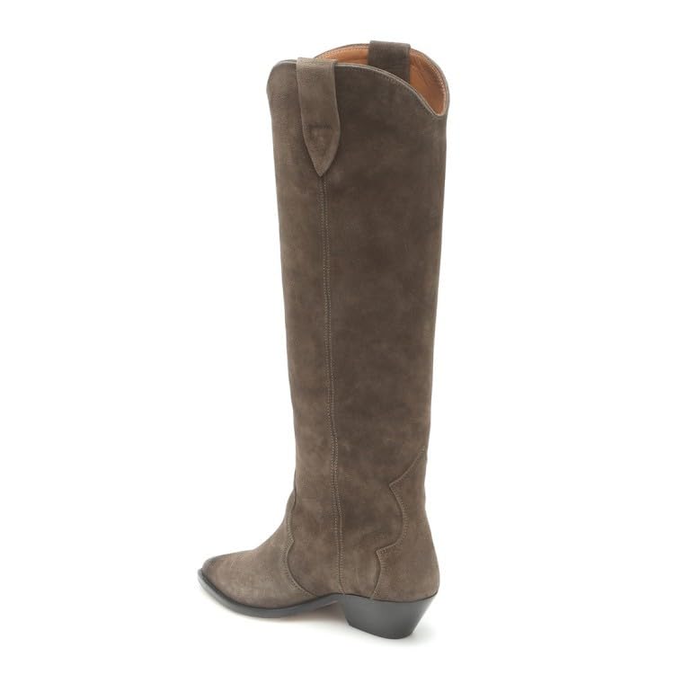 YIYA Women's Western Suede Cowboy Knee High Boots Classic Pointed Toe Chunky Low Heels Cowgirl Pull On Boots2