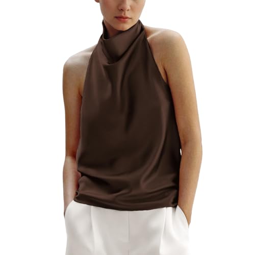 Maohao Womens Silk Satin Tank Tops Halter Draped Front Sexy Backless Womens Summer Tops Elegant Camisole Tops (Brown M)