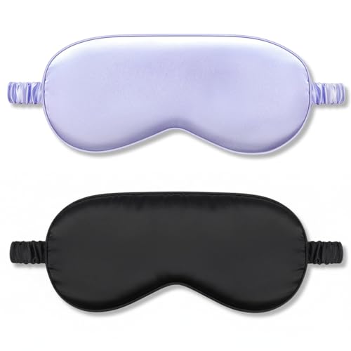 2Pack Silk Sleep Mask,IEKEODI Eye Mask for Sleeping，Elastic Blackout Eye Mask & Blindfold for Full Night's Sleep,Travel and Nap(Black+Purple)