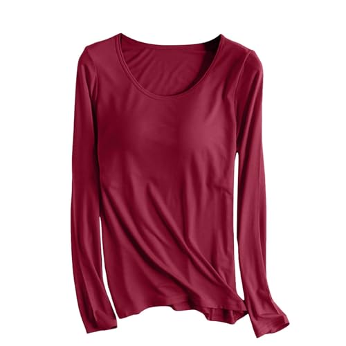 VBEDKDEB Camiseta de Manga Larga para Mujer, Pijama, Top de Yoga, Acolchado Casual Camiseta con Sujetador Integrado, Camisetas Básicas Camisa Cuadros, vino., XXL
