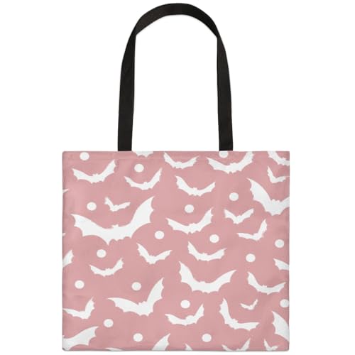 Mularoka Polka Dot Bat Hand Painted White Square Canvas Tote Bag Top Handle Purses Stylish Women Canvas Shoulder Tote Bags Reusable Handbags for Work Travel Picnic Beach Shopping Gym Hiking