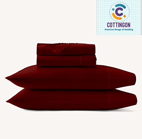Image of Cottingon 5 PCs Split King Sheet Sets for Dual Adjustable Beds, Soft Luxury Microfiber XL Sheets for King Size Mattress Fits 15 to 18 deep Pocket, Burgundy