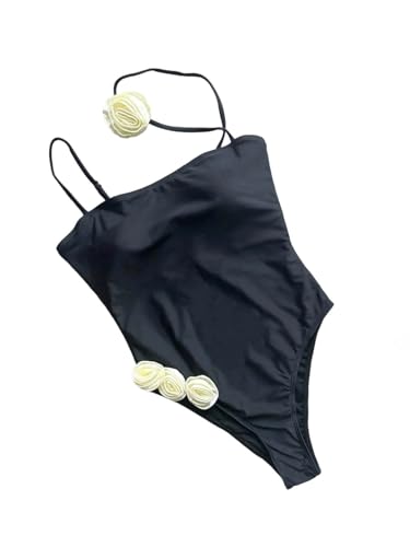 Women's Sexy Rosette Choker One Piece Swimsuit 1Black L