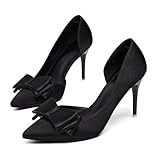 Coutgo Womens Bow Heels Closed Pointed Toe Dress Shoes Stiletto Slip on Wedding Pumps, Black, Size 9