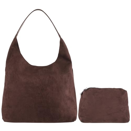 Image of Suede Tote Bag for Women, Velvet Hobo Bag, Large Capacity Shoulder Bag with Inner Zipper Pouch, Brown Commuter Bag for Work and Casual Outings