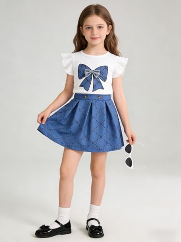 Image of Azmxynol Toddler Girls Clothes Cap Sleeve T-Shirt + Bowknot Print 2pcs Summer Shorts Outfit Set For Girls, Size 4-8 Years