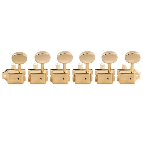 Image of Musiclily Pro R15J-26 Lefty Vintage 6 inline 15:1 Semi Closed Tuners Gold | Split Shaft, Machine Heads Tuning Pegs Keys with Oval Button, for Fender Squier Strat Tele Style Guitar, Ratio