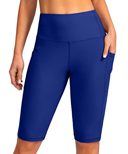 Image of SANTINY Women's High Waisted Swim Shorts with Pockets UPF50+ Long Board Swimming Shorts for Women with Liner