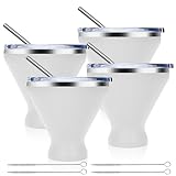 Stainless Steel Martini Glass with Lid, Double Wall Vacuum Insulated Stemless Cocktail Glasses, Stay Icy Cold Wine Tumbler with Straw, Set of 4, 10 Oz, White