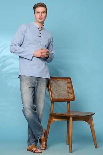 Image of Amazon Brand - Anarva Men's Cotton Linen Solid Kurta Long Sleeves Wooden Button Regular Casual Shirt